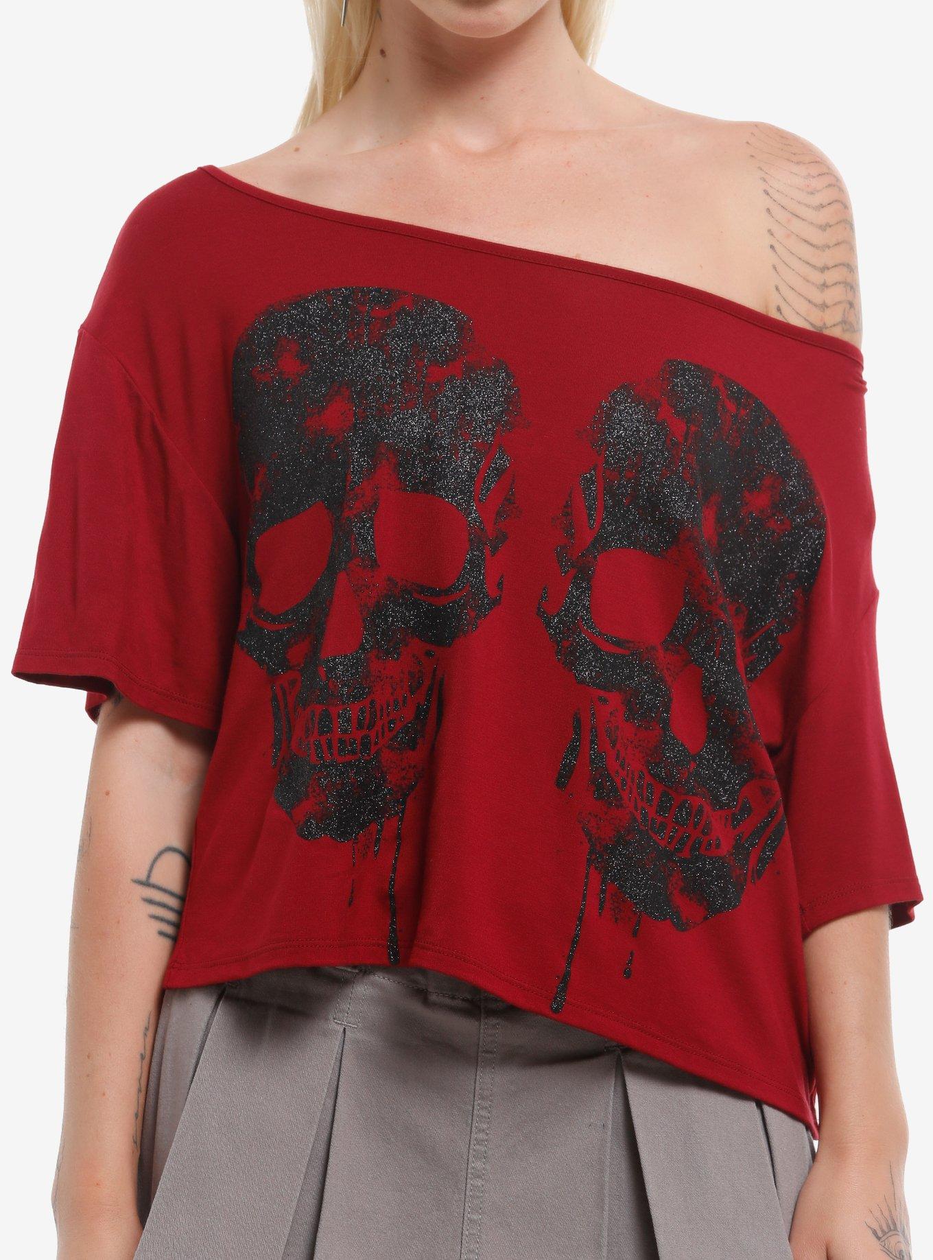 Maroon Black Glitter Skull Off Shoulder Girls T Shirt T Shirt Comfort Fit Gift Ready
