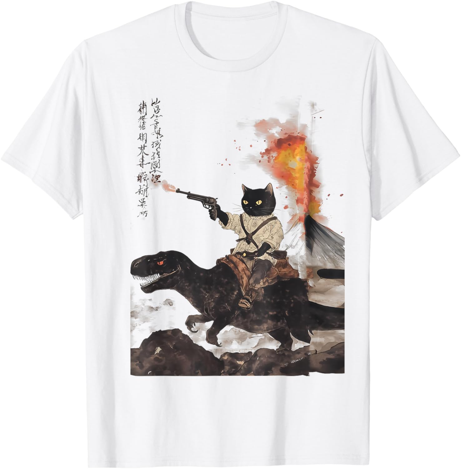 retro calligraphy cat dinosaur volcanic eruption art print Apparel Nostalgic Artwork