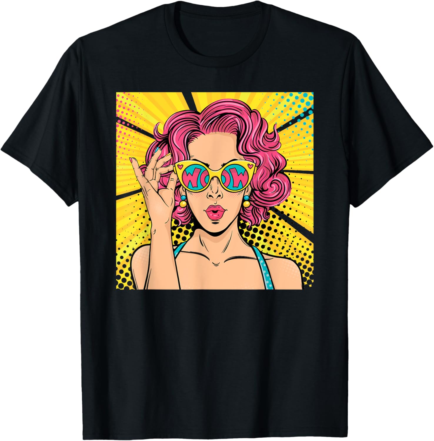 Wow Pop Art Girl Face Shirt Surprised Woman With Pink Hair T Shirt Classic Poster Look