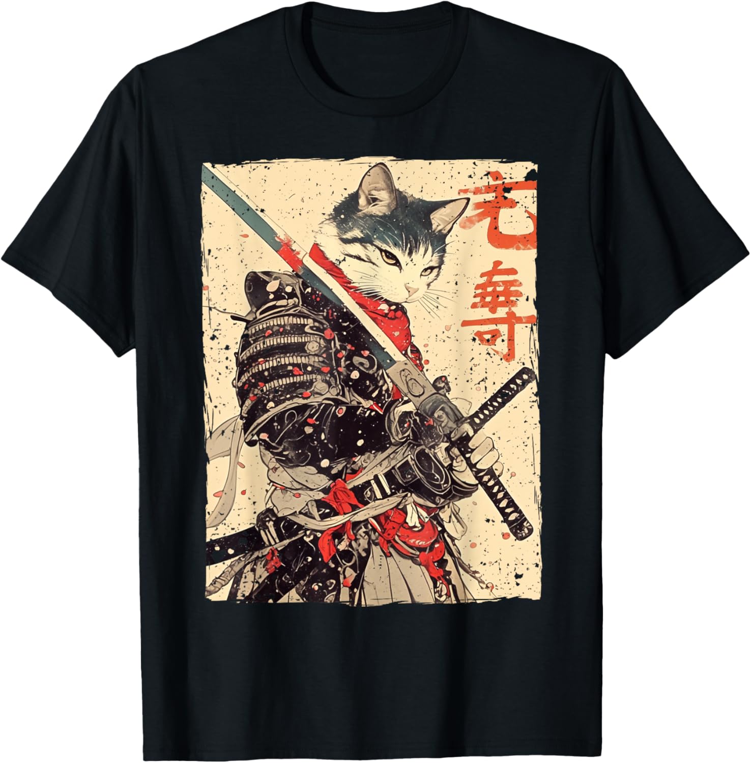 Samurai Cat Warrior Ukiyo Ink Artwork Cat Samurai Apparel Retro Art Style