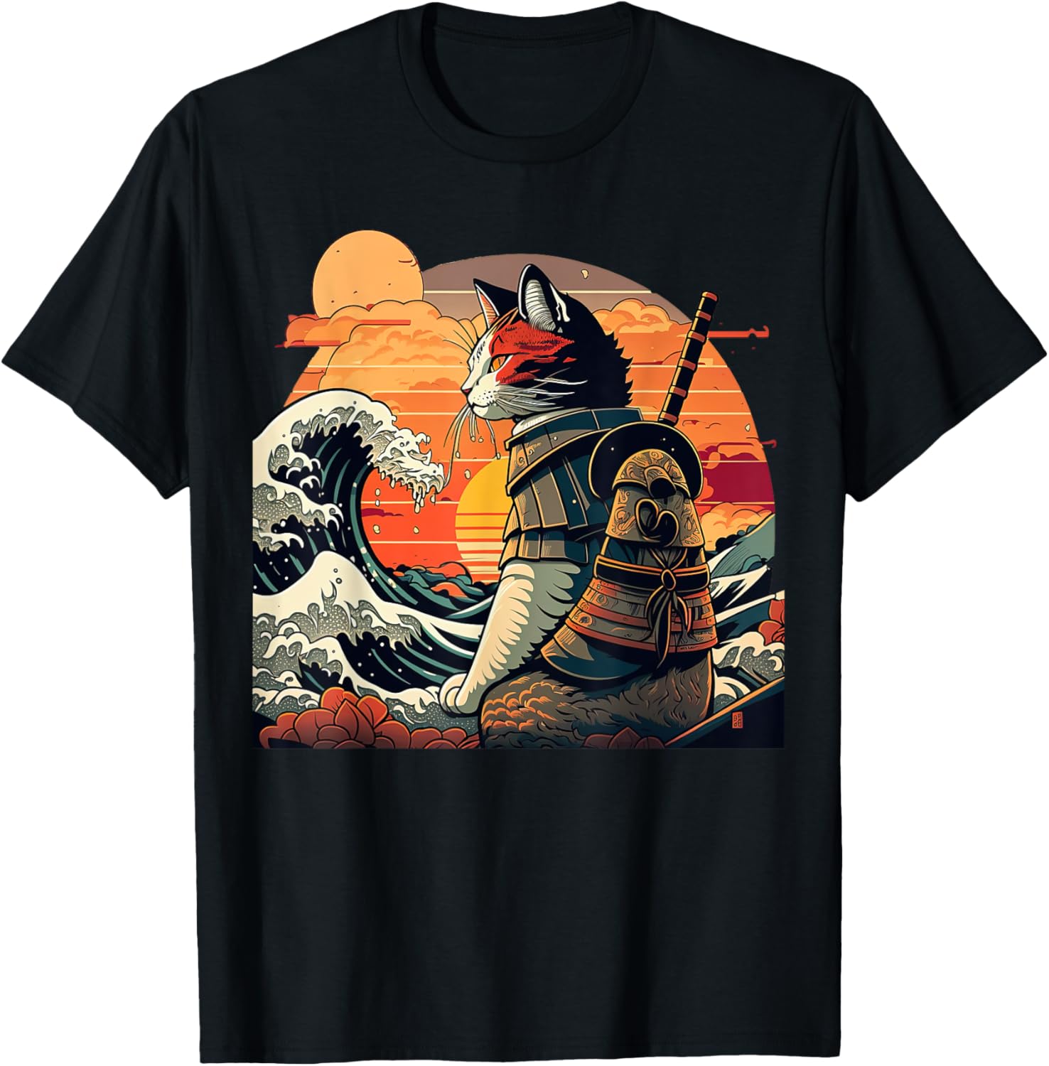 Japanese retro samurai cat The Great Wave by Hokusai Apparel Nostalgic Artwork