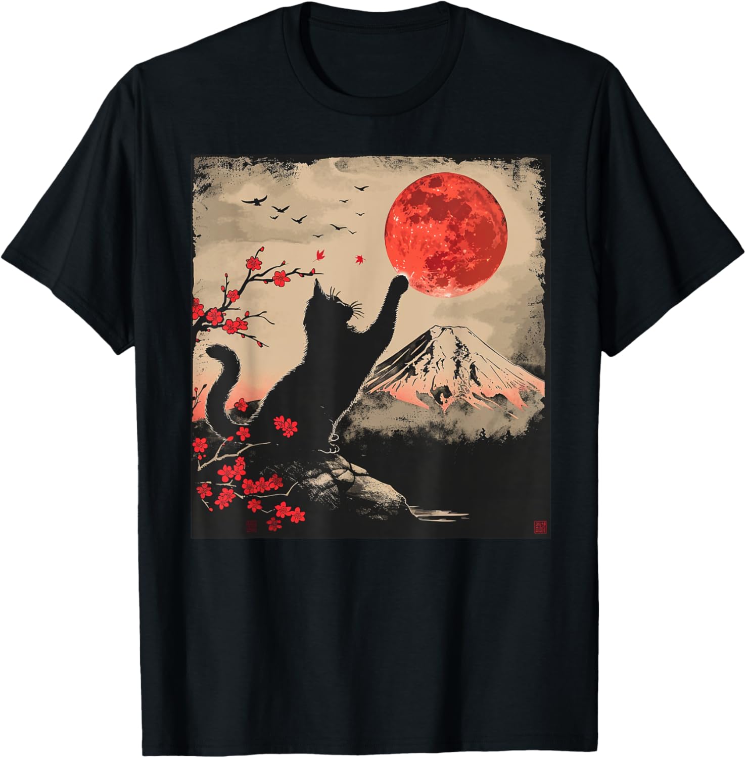 Vintage Japan Art Japanese Theme Retro Print Black Cat Apparel Nostalgic Artwork