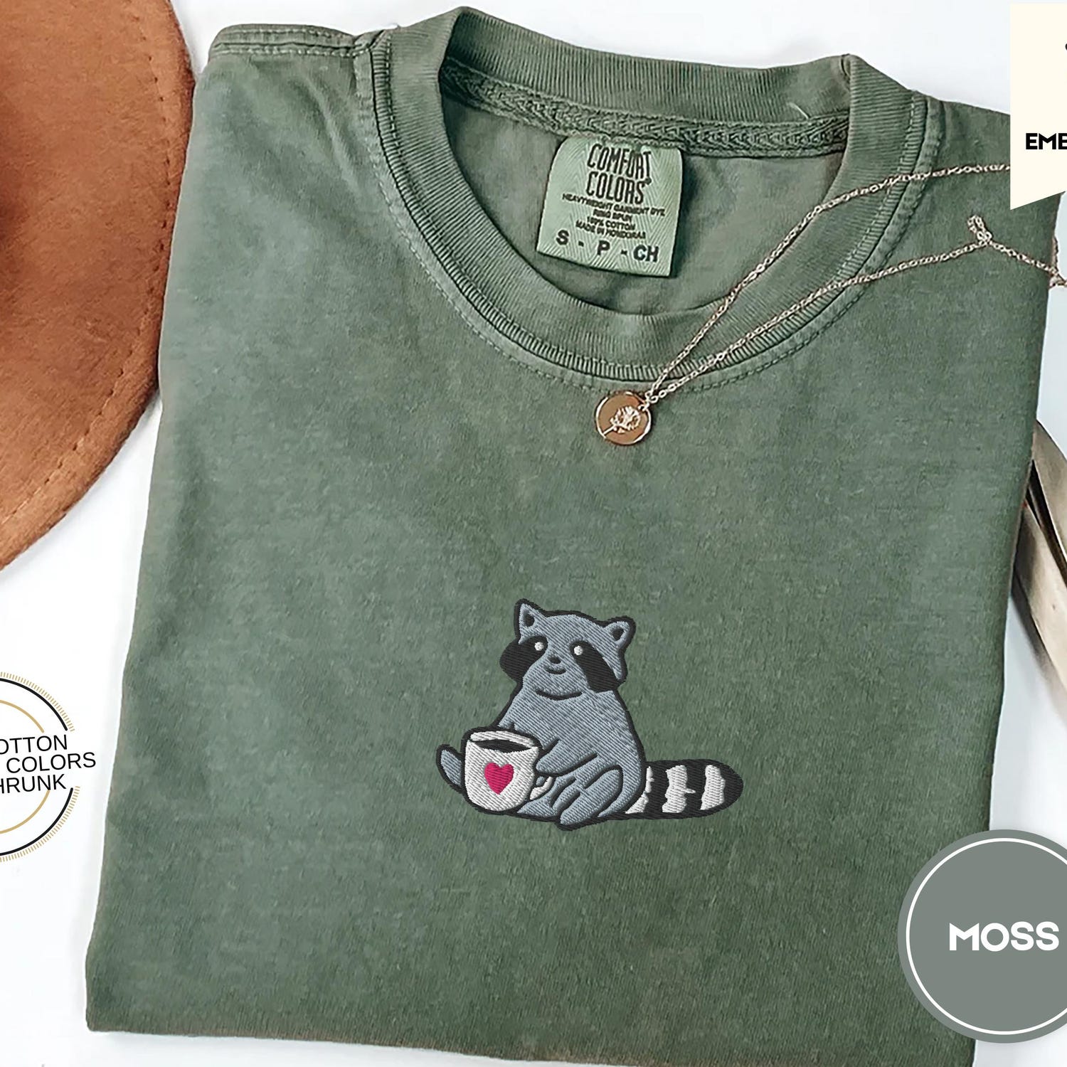 Raccoon Coffee Embroidered Shirt Comfort Colors Tee - Cute Animal Embroidery - Coffee Lover Gift - Cottagecore Forestcore Tee - Cozy T-Shirt