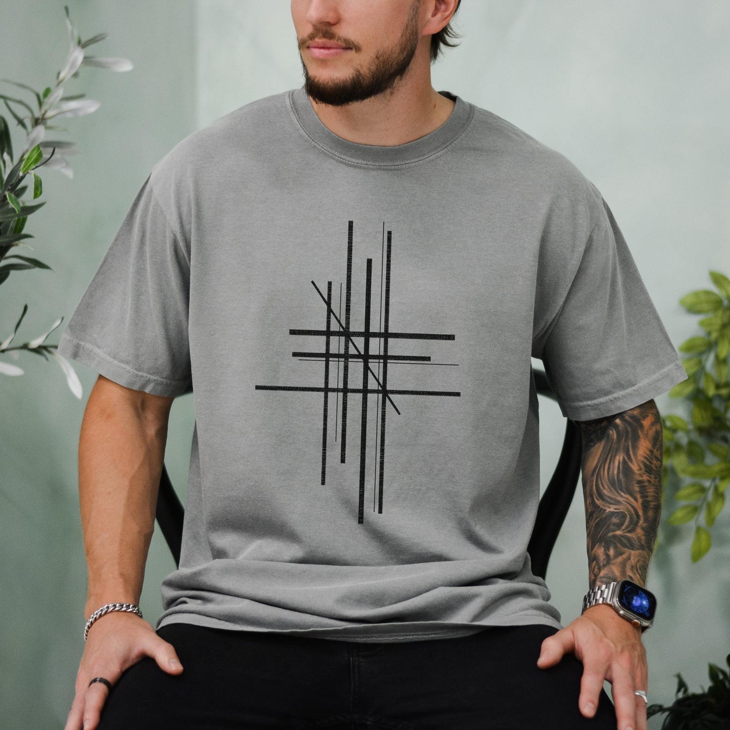 Minimalist Lines Graphic Men T-Shirt, Comfort Colors Abstract Geometric Design
