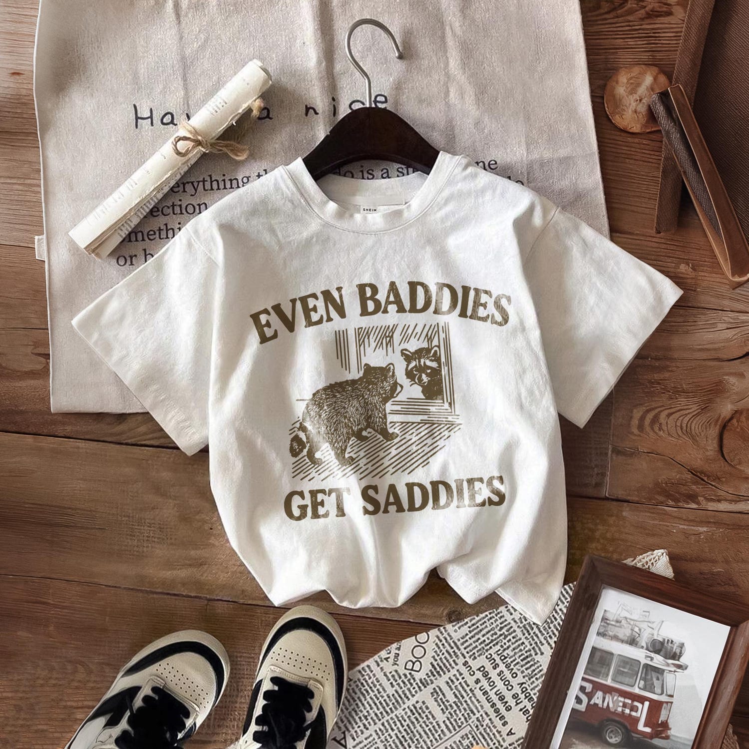 Funny Raccoon Shirt, Even Baddies Get Saddies Tee, Cute Animal Graphic T-Shirt, Vintage Aesthetic Meme Shirt, Animal Quote Shirt, Girlfriend