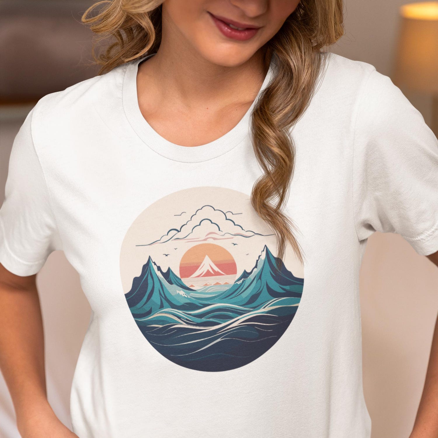 Mountain Wave Sunset Unisex Tee, Landscape Adventure Tshirt, Minimalist Outdoors Shirt, Nature Lover Gift, Wanderlust Hiking Top