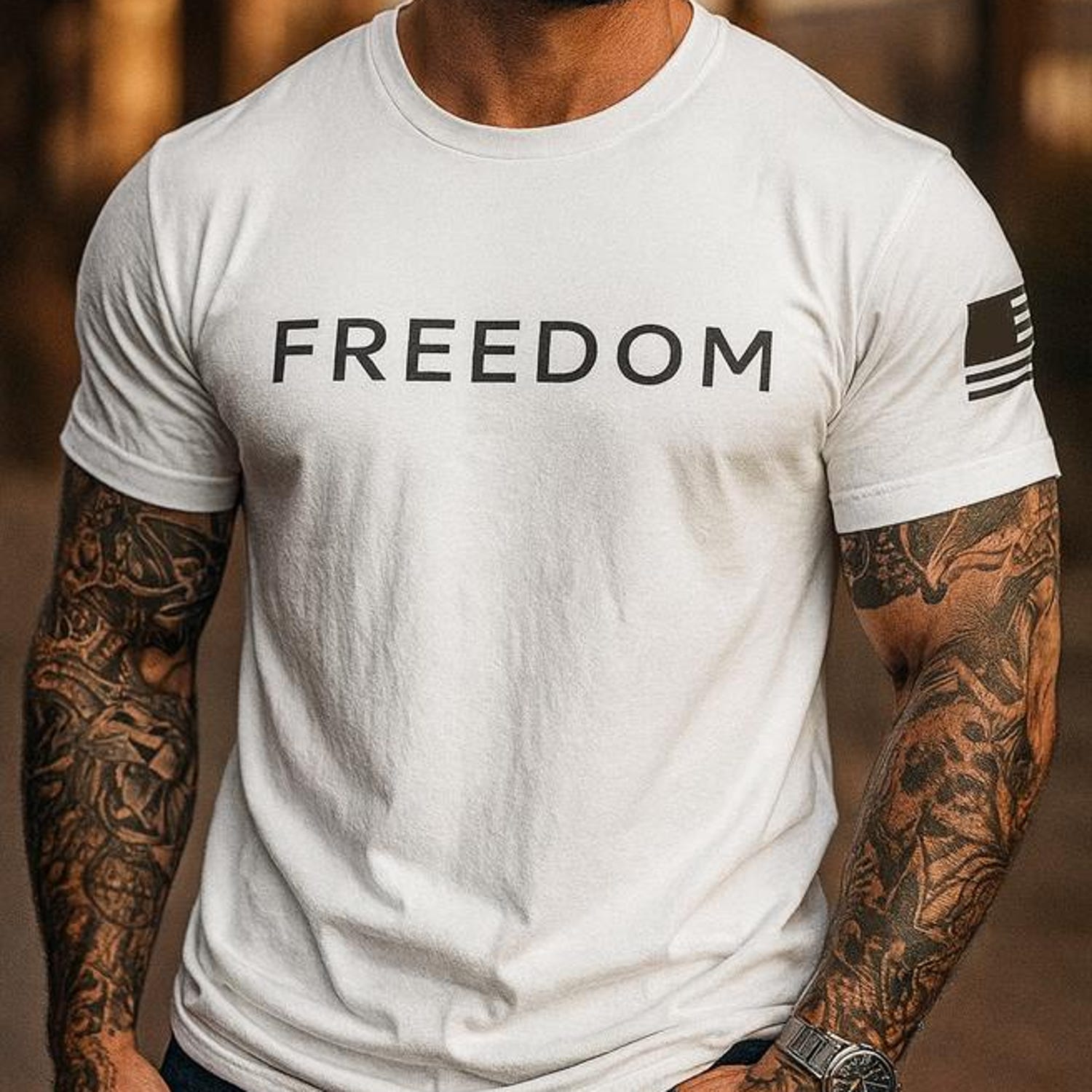 Freedom T-Shirt, Minimalist Patriotic Graphic Tee, American Flag Sleeve USA Shirt for Men & Women