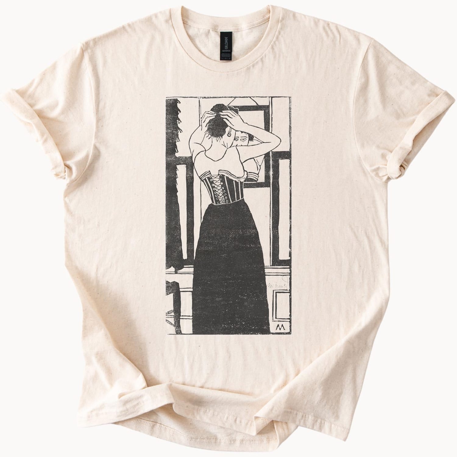 Woman Looking in Mirror Black and White Art Shirt Drawing Line Art Graphic Tee Artistic Fashion Print Modern Minimalist T Shirt 15358