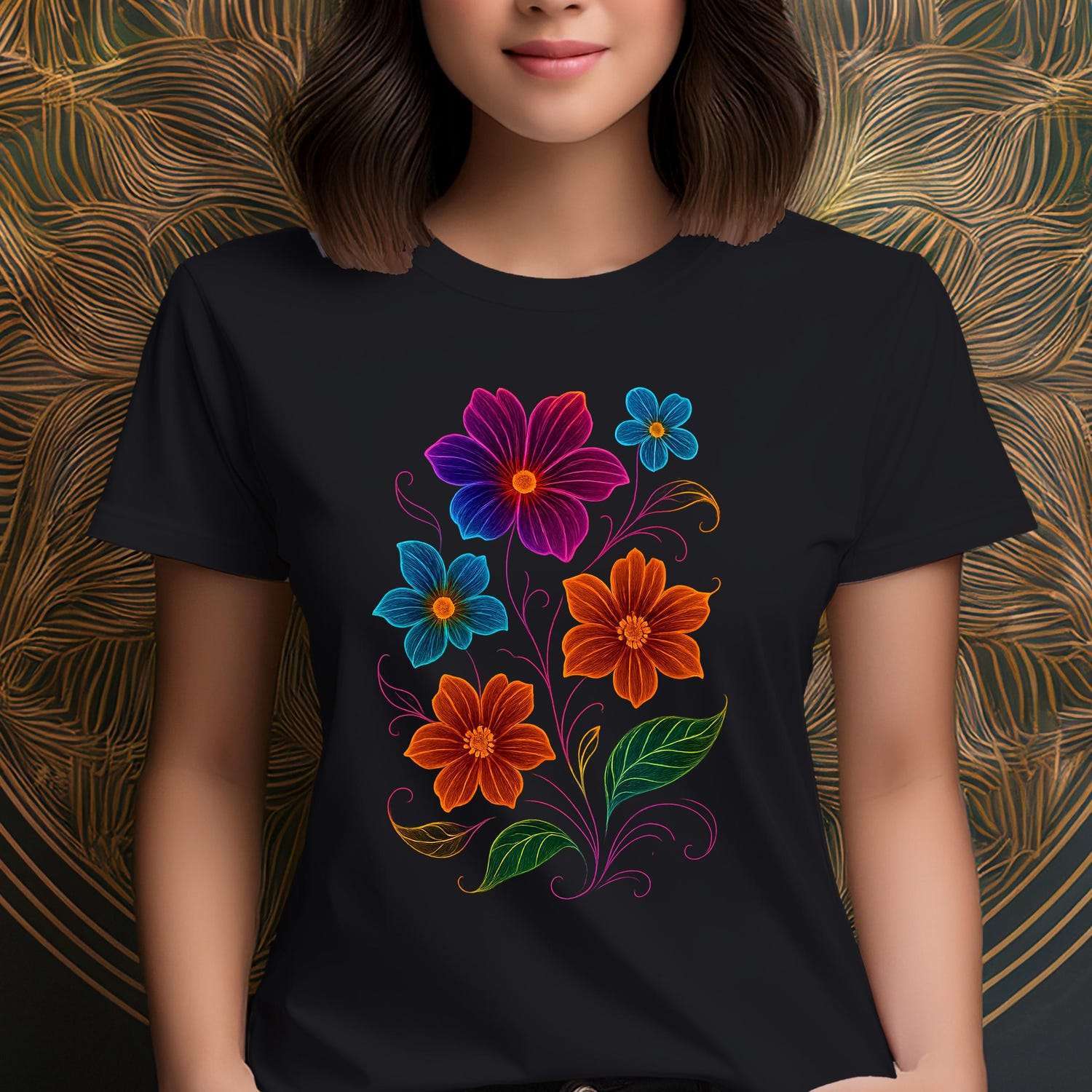 Neon Floral Minimalist T-Shirt, Green Orange Botanical Print Tee, Unisex Casual Top
