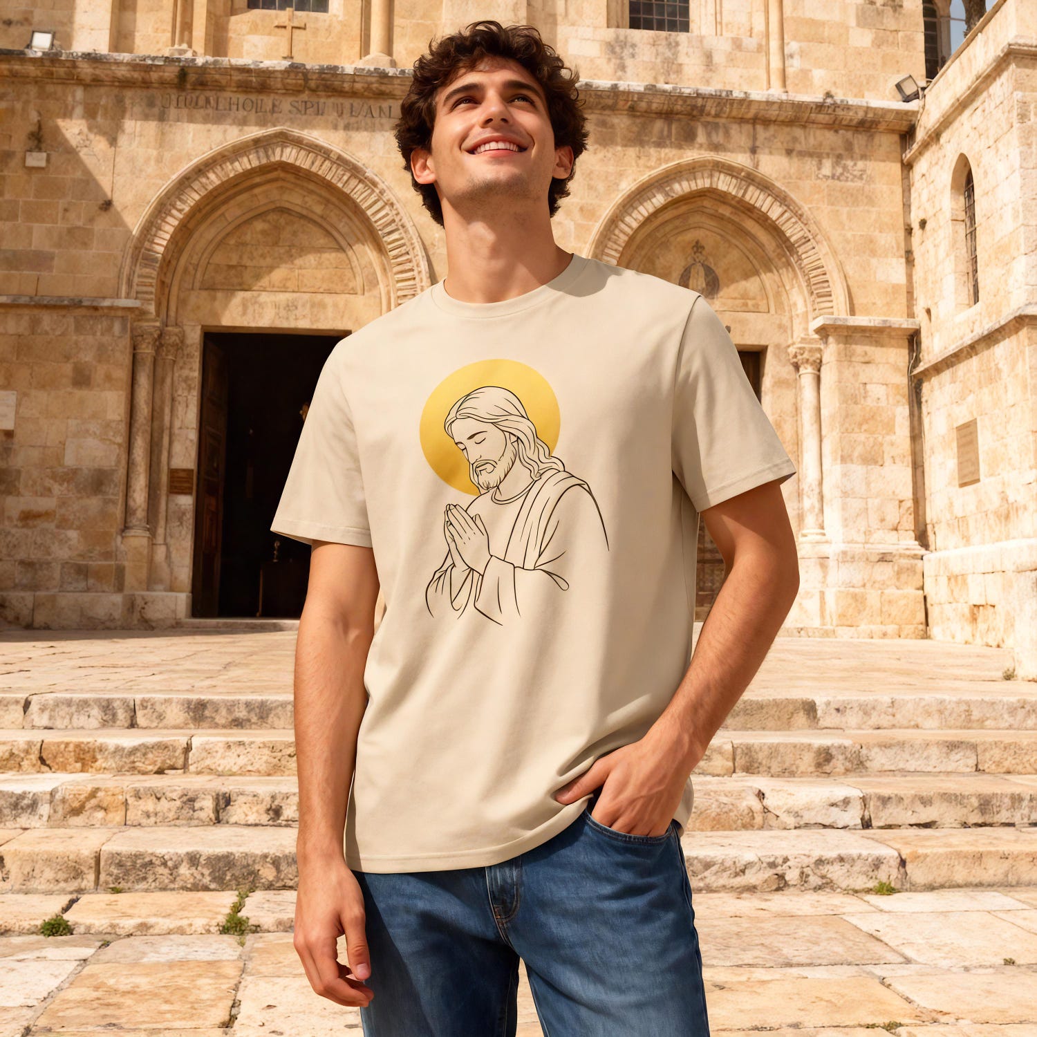 Jesus in Prayer Christian T-shirt, Certified Organic Cotton, Minimalist Design