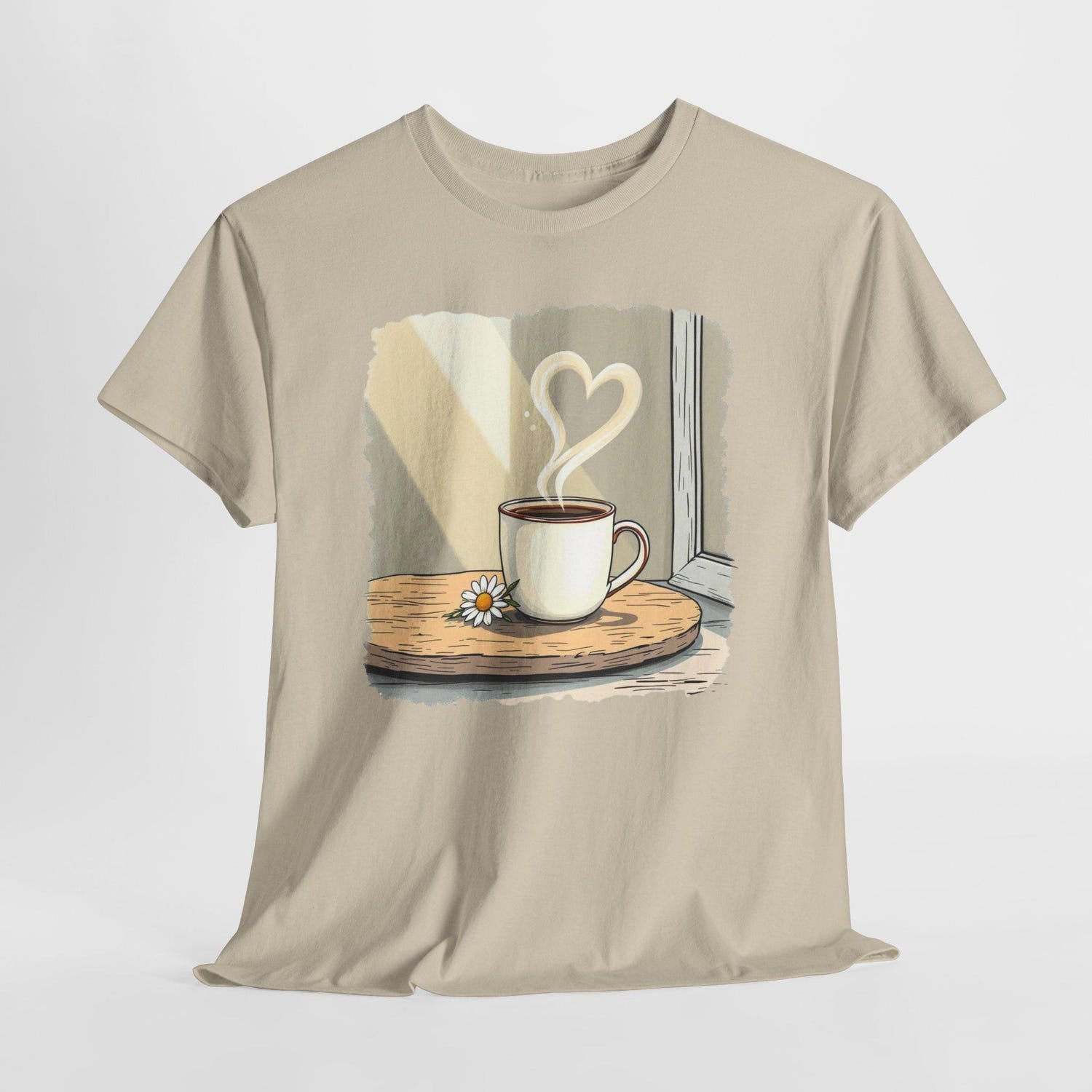 Sunrise Coffee Ritual Unisex Tee, Morning Cozy Minimalist T-Shirt with Daisy Sprig, Warm Aesthetic Shirt for Coffee Lovers, Kitchen Comfort